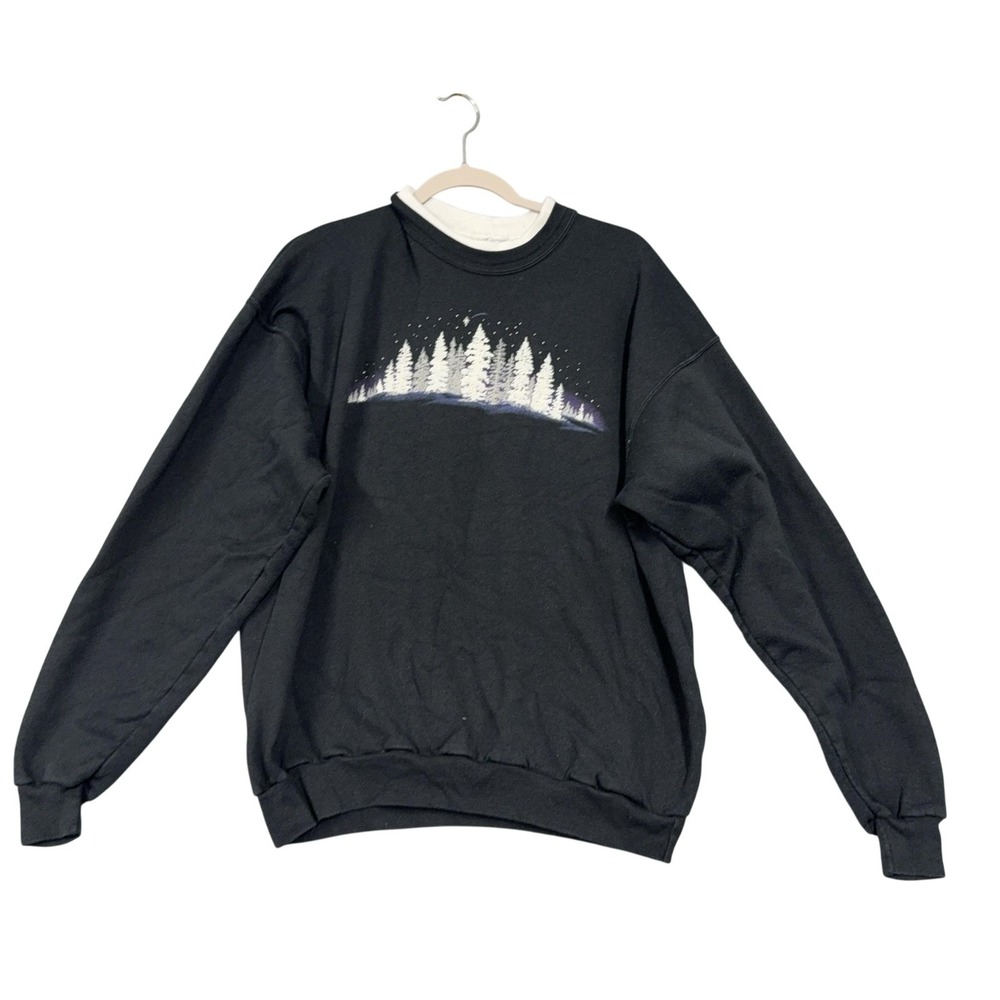 Morning Sun Sweatshirt‎ Womens Large Black Fleece Winter Trees Graphic Holiday